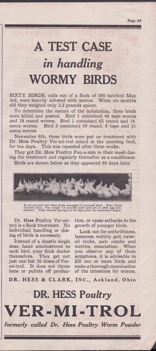 1929 Print Ad Dr.Hess Poultry Ver-Mi-Trol A test case in handling Wormy Birds