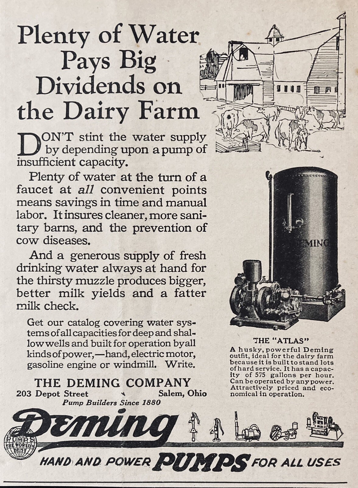 1923 AD.(XH22)~THE DEMING CO. SALEM, OHIO. WATER SUPPLY SYSTEM FOR THE FARM