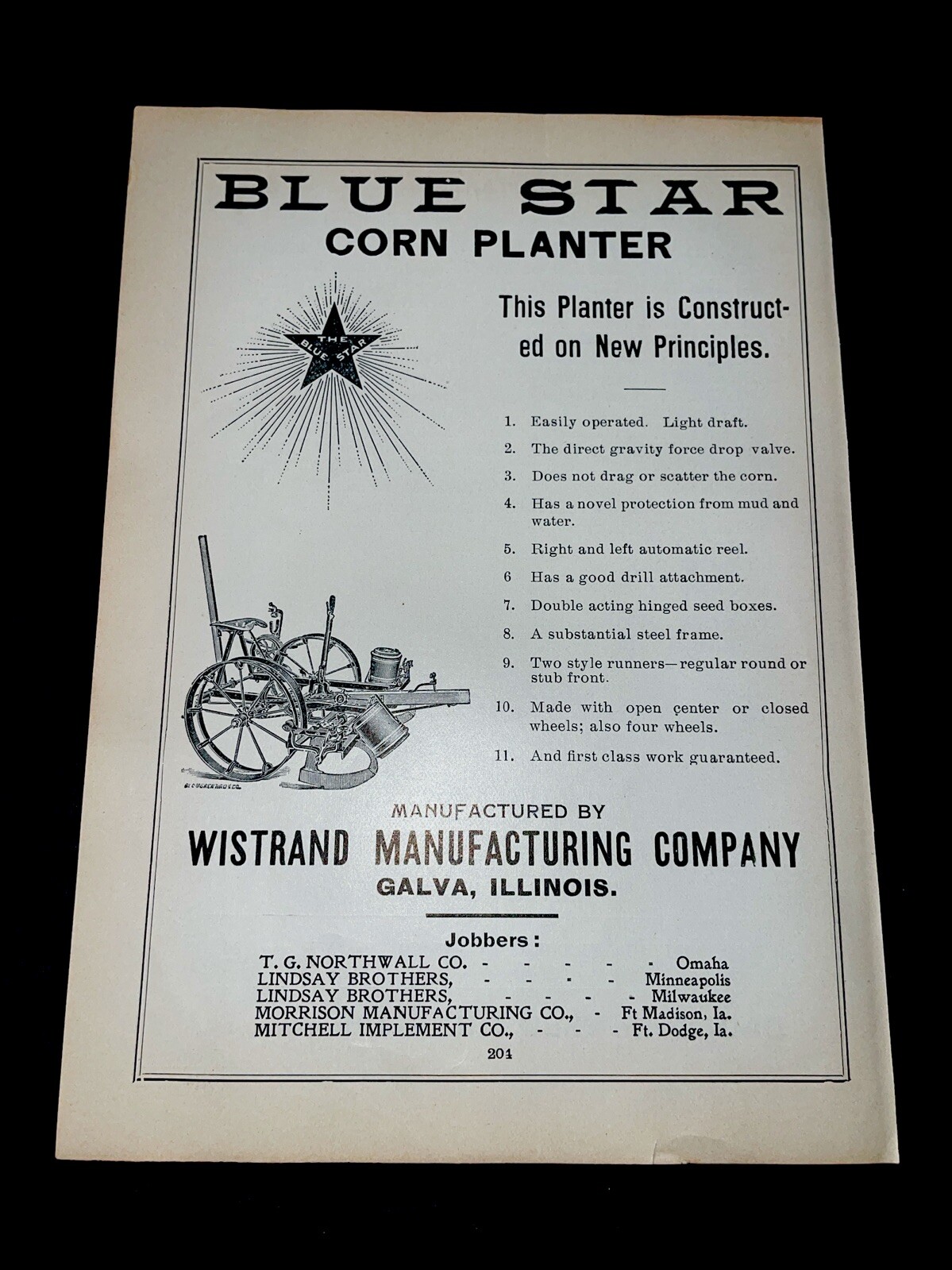 ORIGINAL 1907 Blue Star Corn Planter Farm Implement Advertising – Galva, IL