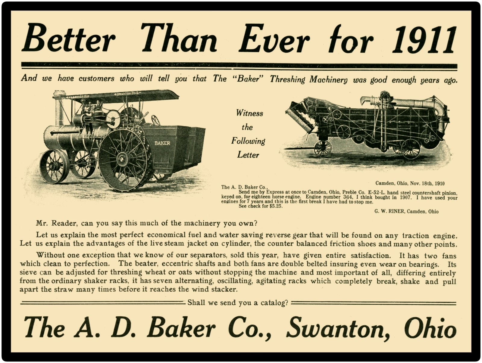A.D. Baker Steam Traction Engine Swanton, OH New Metal Sign: LARGE SIZE 12 X 16