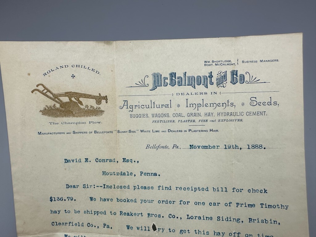 1888 ROLAND CHAMPION PLOW Bellefont PA McCalmont Antique Farm Advertising Letter