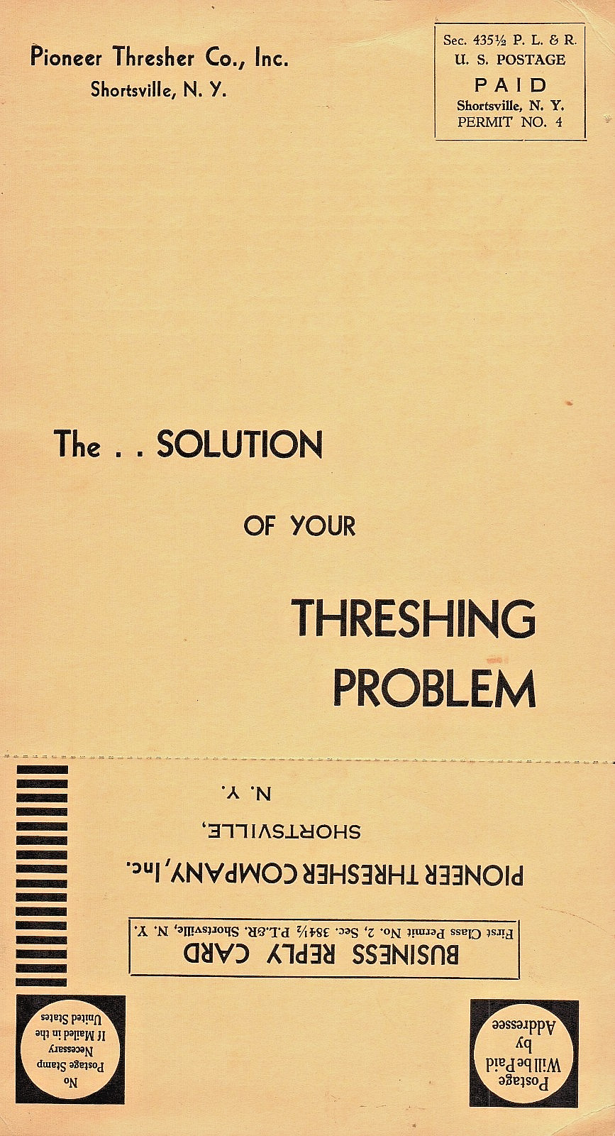 VINTAGE PIONEER FARM THRESHER CO. SHORTSVILLE NY ADV MAILOUT CARD POSTCARD