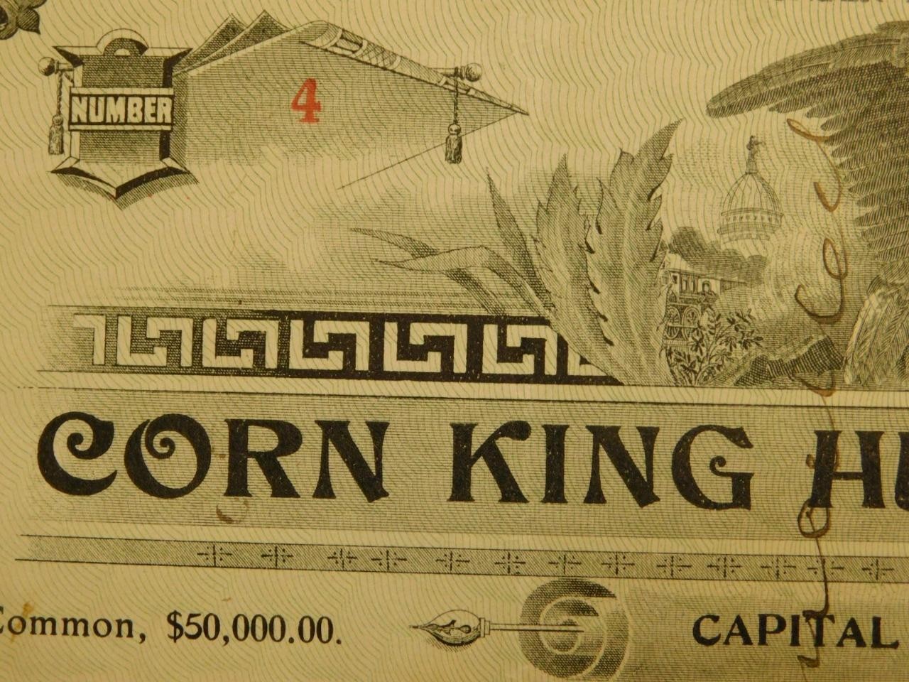 Corn King Husker Co. Rochester Indiana Stock Certificate No. 4 1902 (Shelf-4