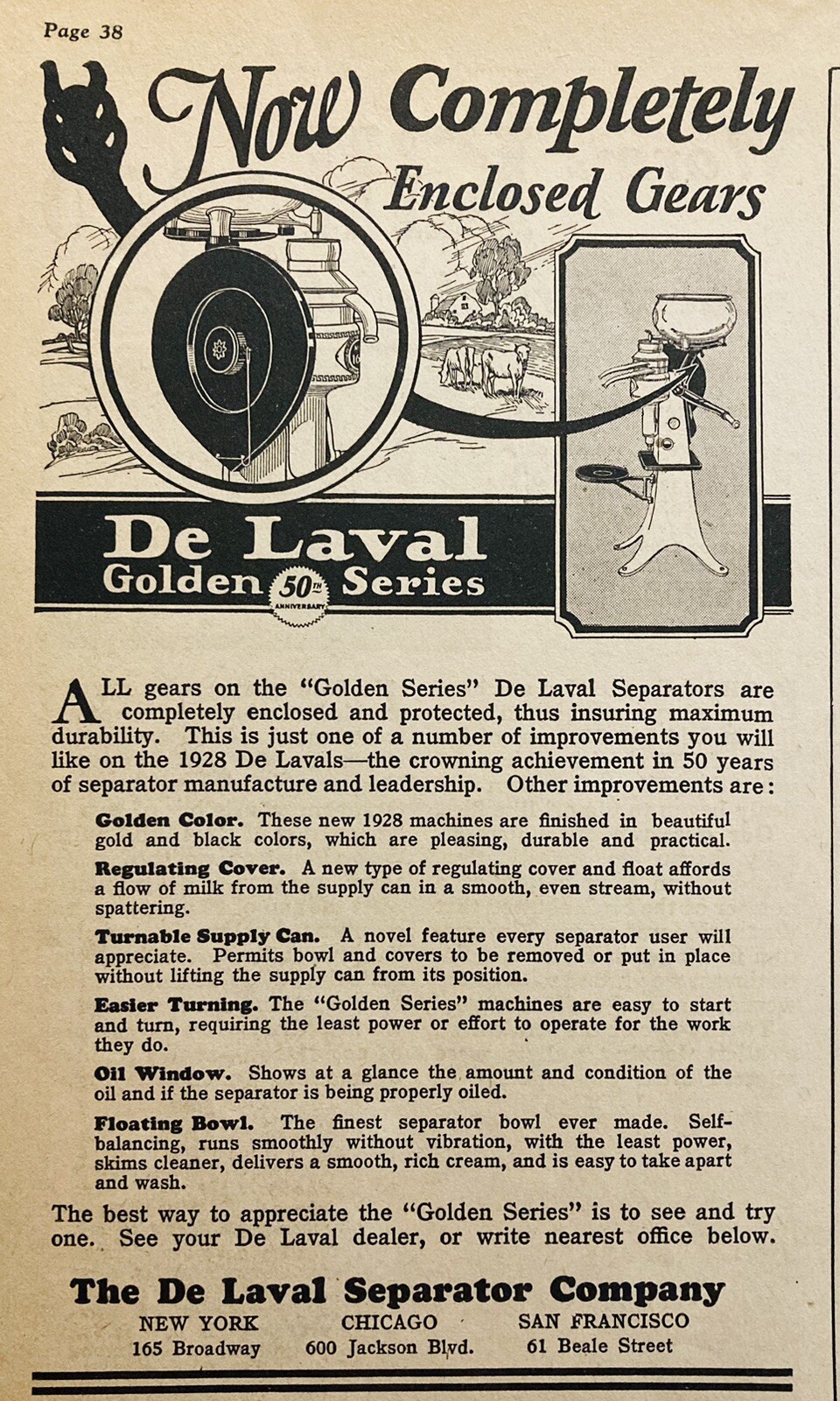 1928 AD.(XH74)~DE LAVAL SEPARATOR CO. CHICAGO. GOLDEN 50th ANNIVERSARY SERIES