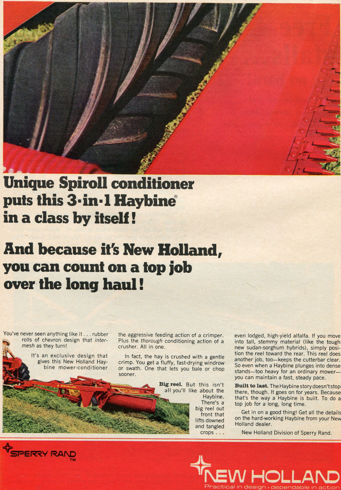 1968 Print Ad of Sperry Rand New Holland 3in1 Haybine Mower Conditioner Tractor