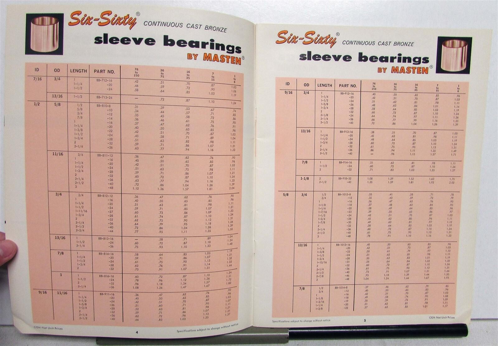 1960s Masten Six-Sixty Sleeve Bearings Diagrams Part Numbers Sales Catalog
