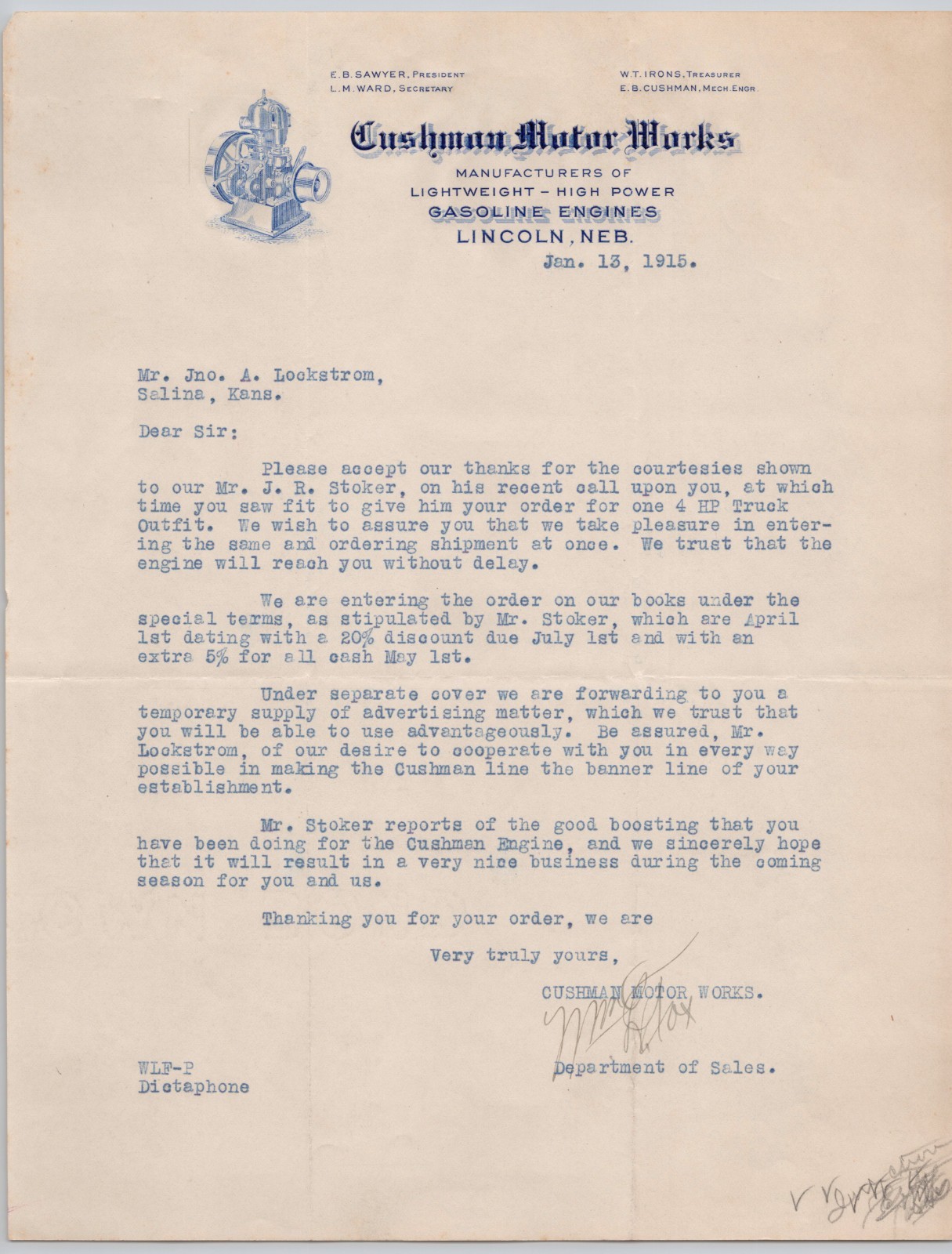 1915 Gasoline Engine Cushman Motor Works Lincoln NE Embossed Letterhead BH1-14
