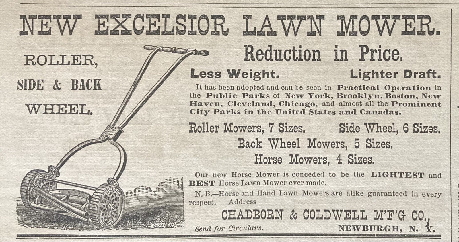 1879 AD.(XH64)~CHADBORN & COLDWELL MFG. CO. NEWBURGH, NY. NEW EXCELSIOR MOWER