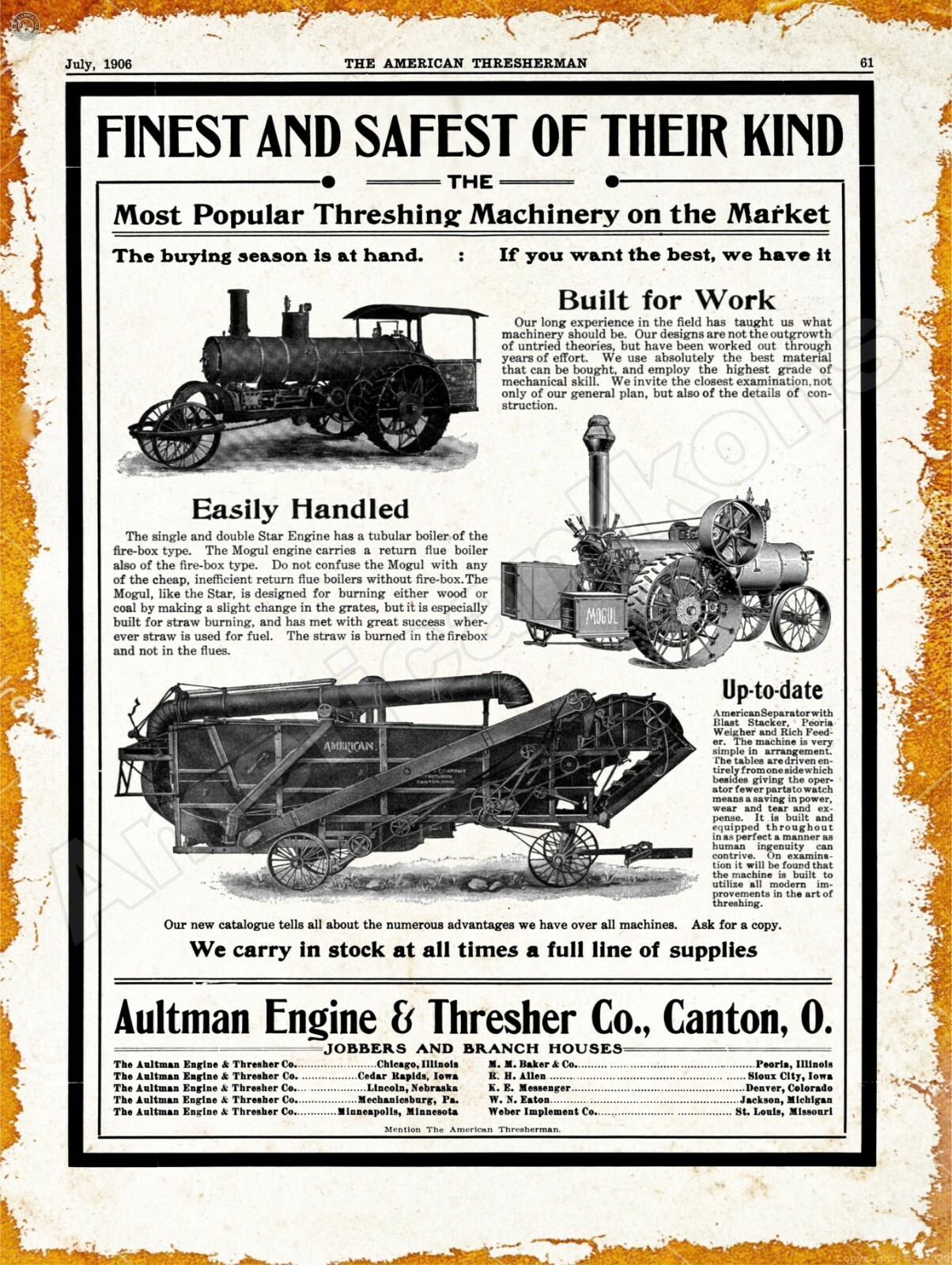 1906 Aultman Engine Co. Traction Engine New Metal Sign: Canton, Ohio