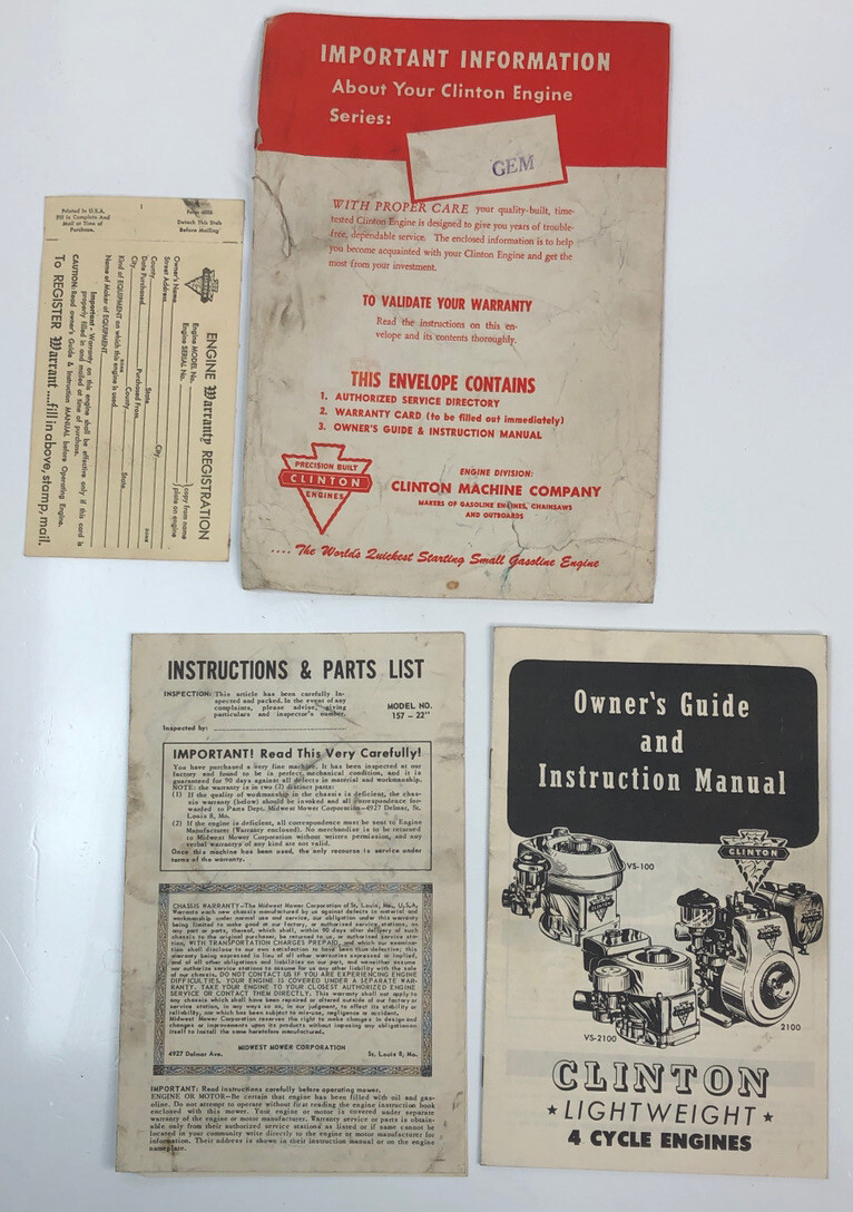 Clinton Owner&rsquo;s Guide & Instructions Manual 4 Cycle Engines VS-100 VS -2100