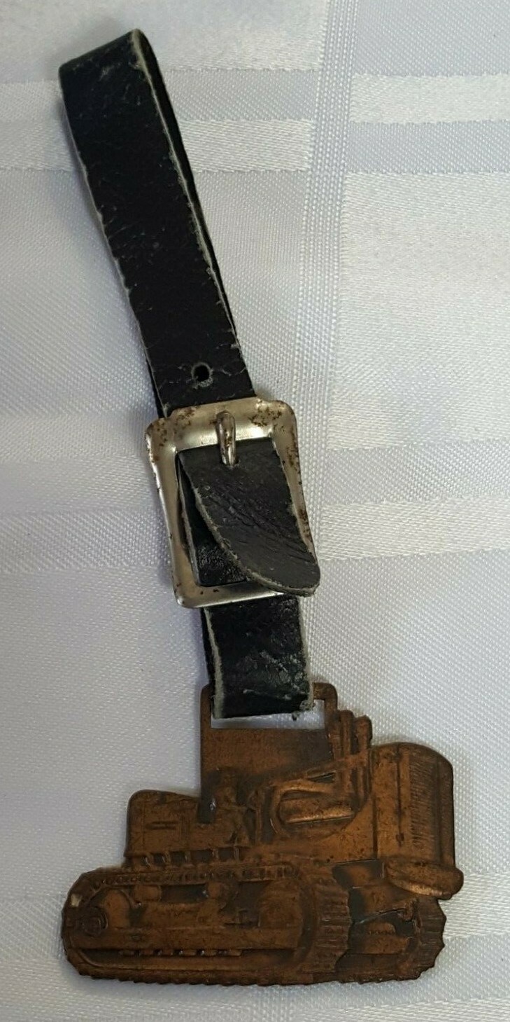 AC SHERIDAN EQUIPMENT FOB BADGE ON LEATHER STRAP AGRACULTURE FARM TRACTOR METAL