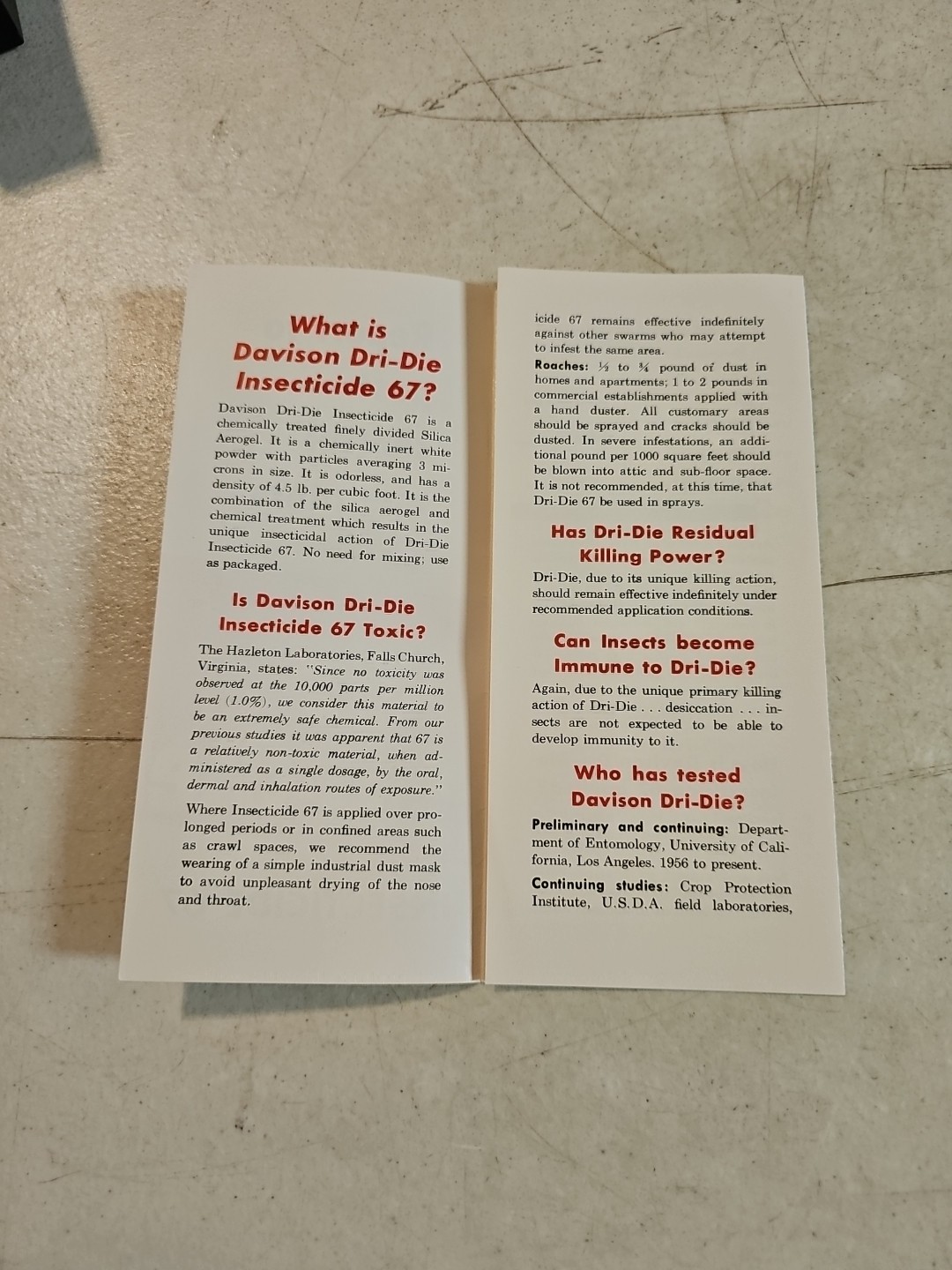 Vintage 1956 W.R. Grace & Co Davison Chemical Dri-Die Insecticide Brochure