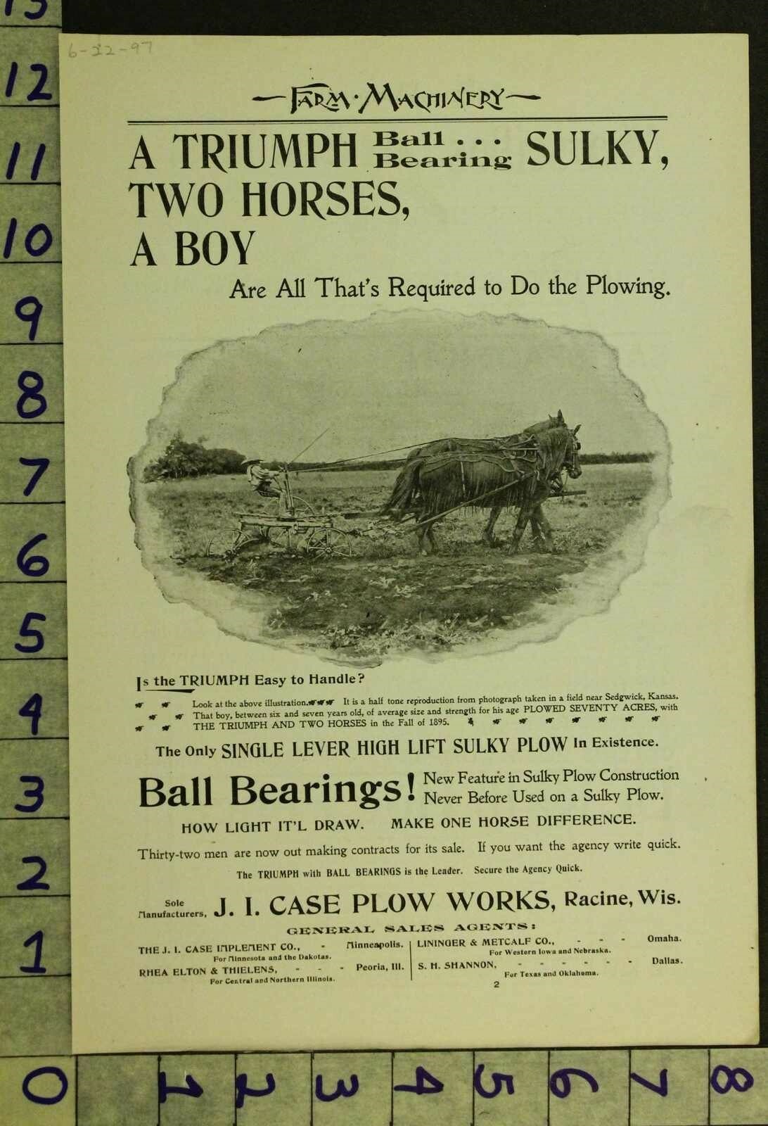 1897 AG FARM CASE SULKY PLOW RACINE WISCONSIN EQUESTRIAN WORK HORSE AD RR39