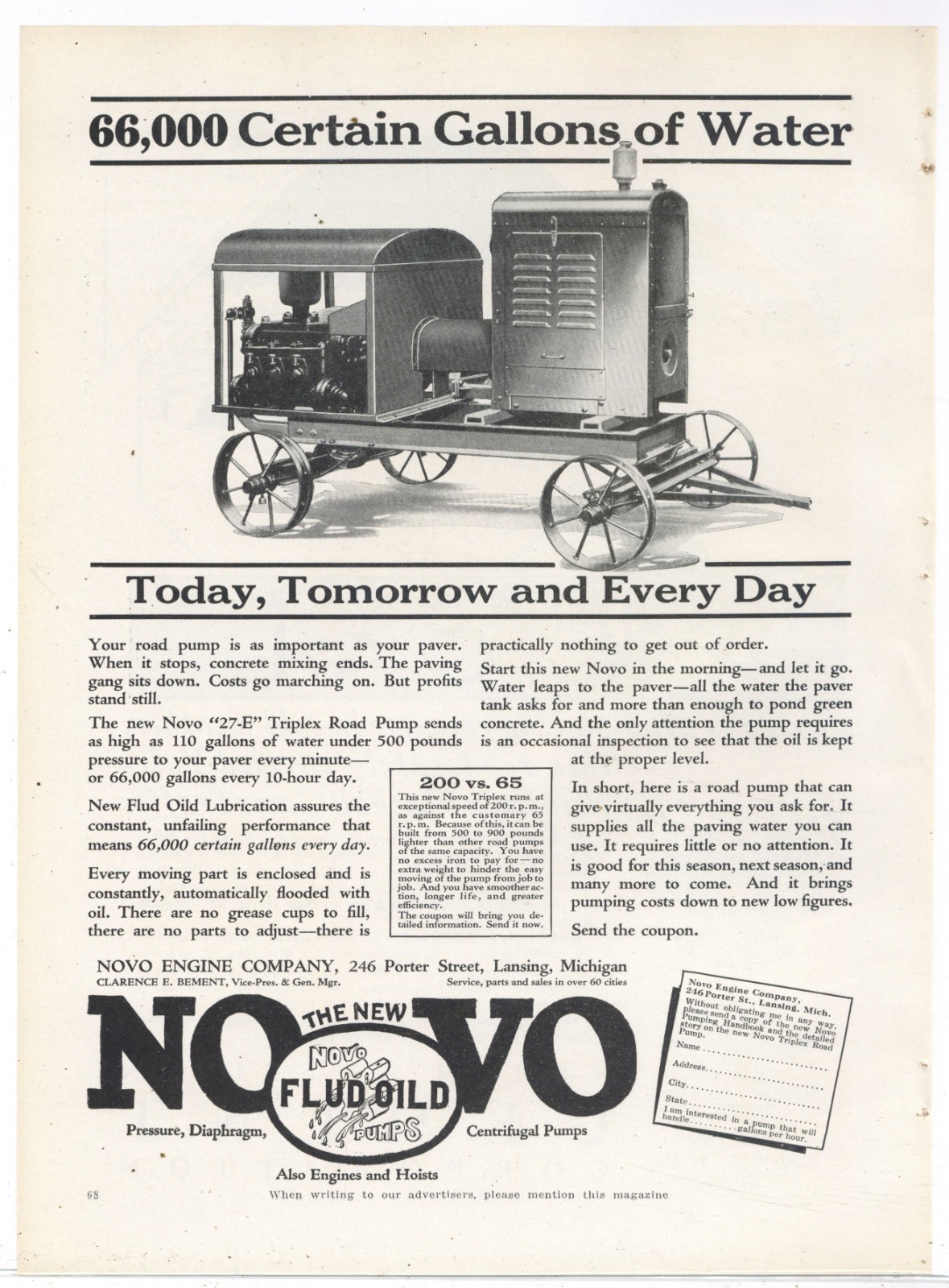 1927 Novo Engine Co. of Lansing Michigan Ad: 27-E Triplex Road Pump Intro