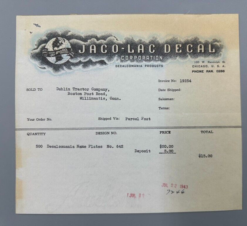 1943 JACO-LAC DECAL Decalcomania Advertising Illustrated Invoice Vintage