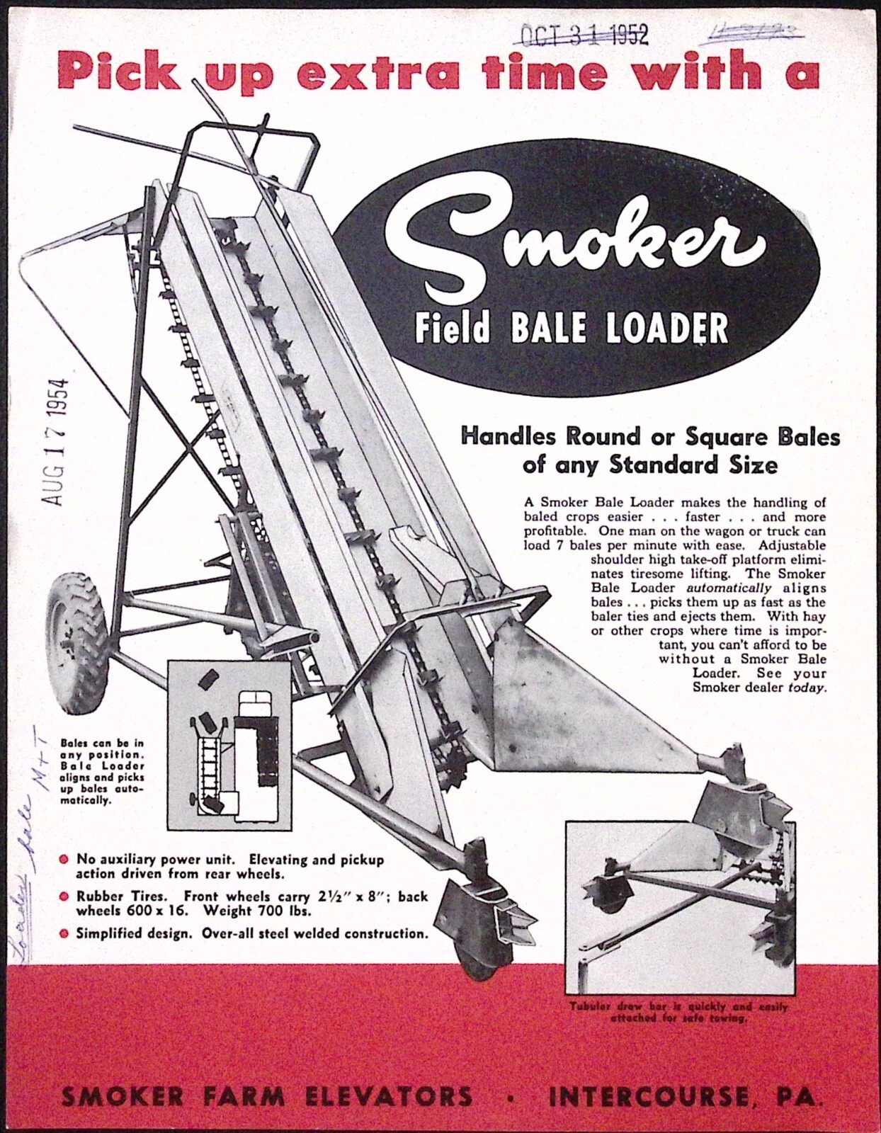 1952 Smoker Farm Elevators Field Bale Loader Brochure Intercourse PA