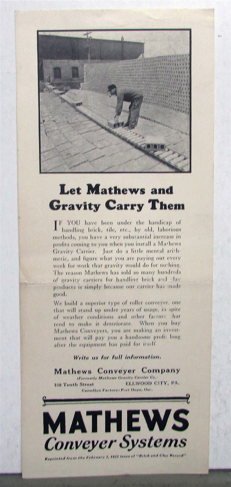 1925 Matthews Roller Gravity Conveyer Systems Brick & Clay Record Ad Reprint