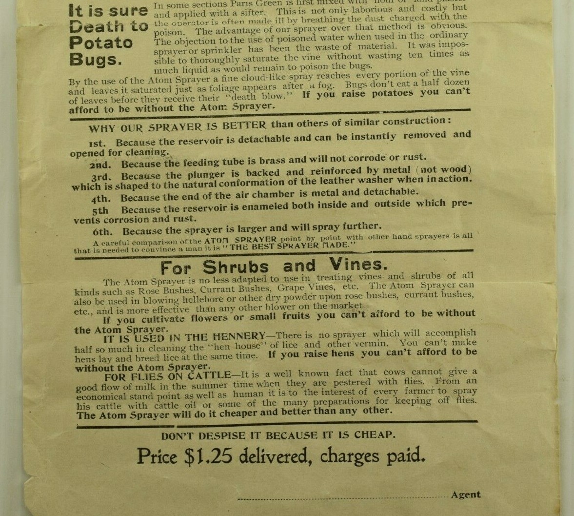 19th Century Atom Sprayer Bug Sprayer Duster Handbill Edward C. Brown