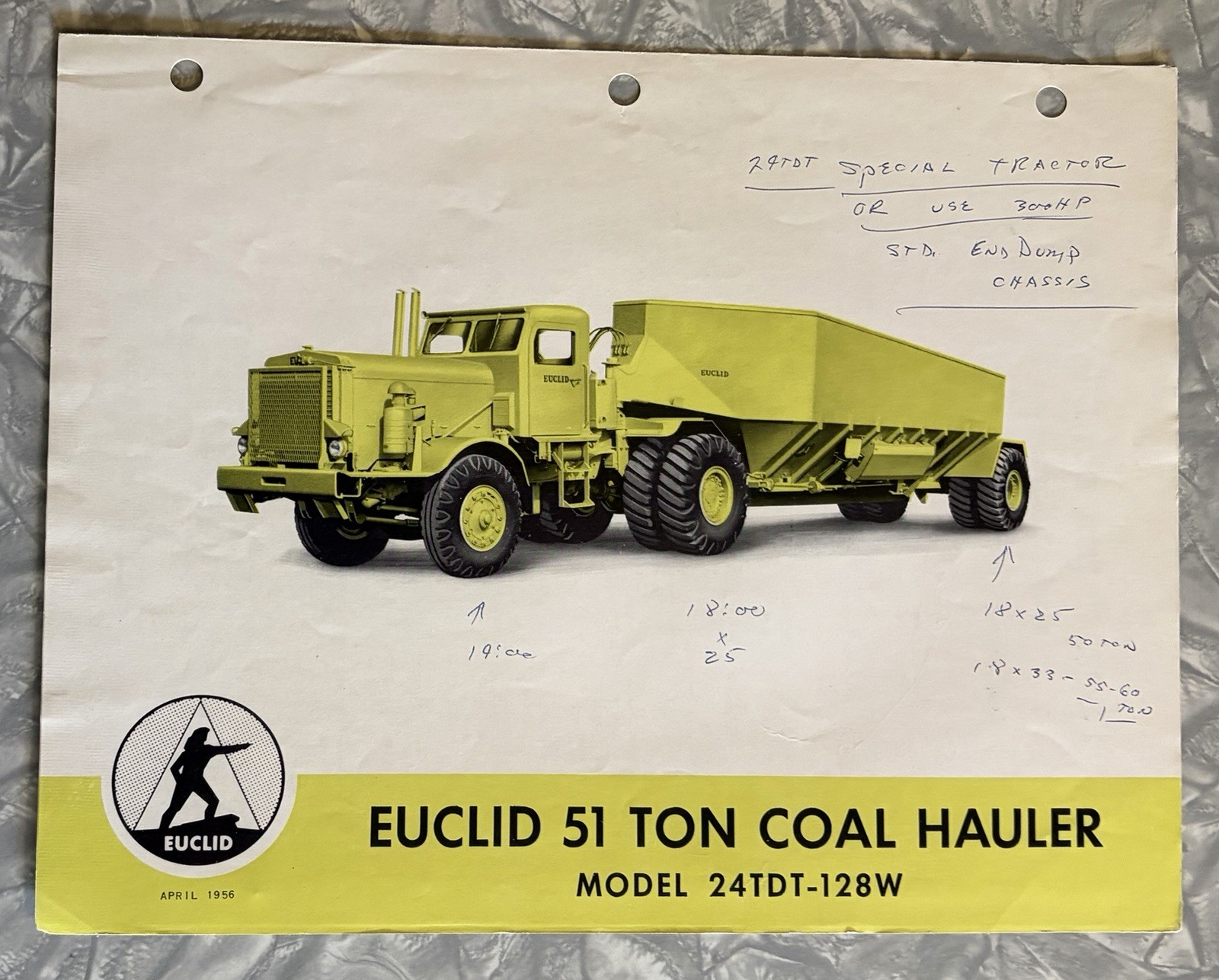 1956 EUCLID 51 TON COAL HAULER TRUCK 24TDT-128W SALES BROCHURE 4 PG