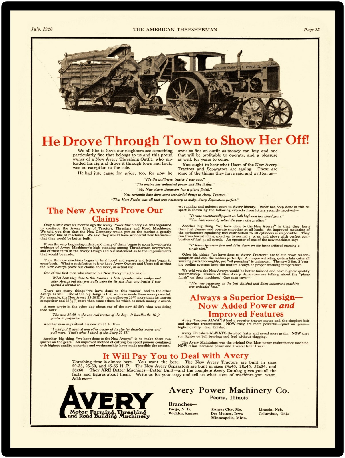 1926 Avery Tractors New Metal Sign: Model 25-50 Showing with Thresher