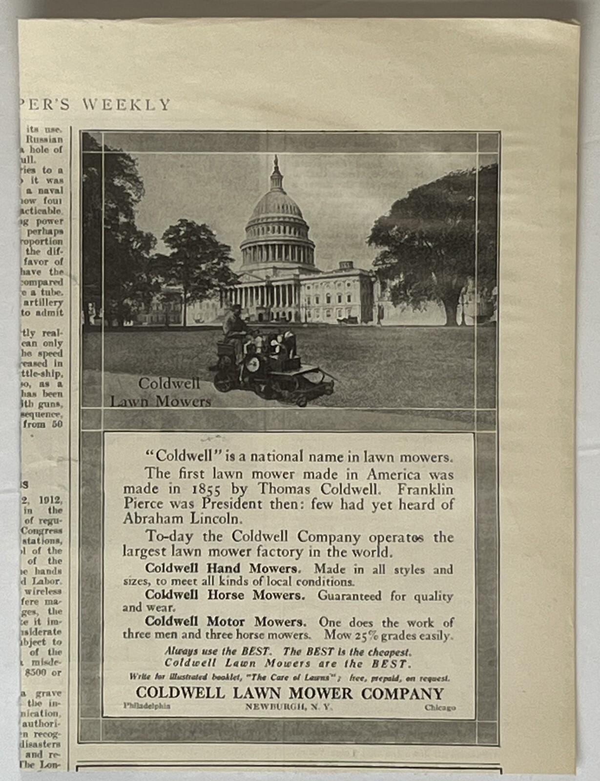 1913 Coldwell Lawn Mowers PRINT AD Newburgh N. Y. Capital Building Lawn