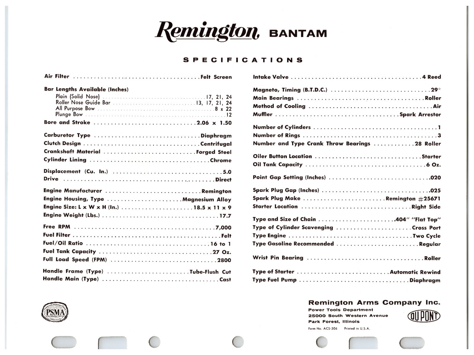 Vintage Original Remington Chainsaws Sales Sheet (Model Bantam) Info Sheet