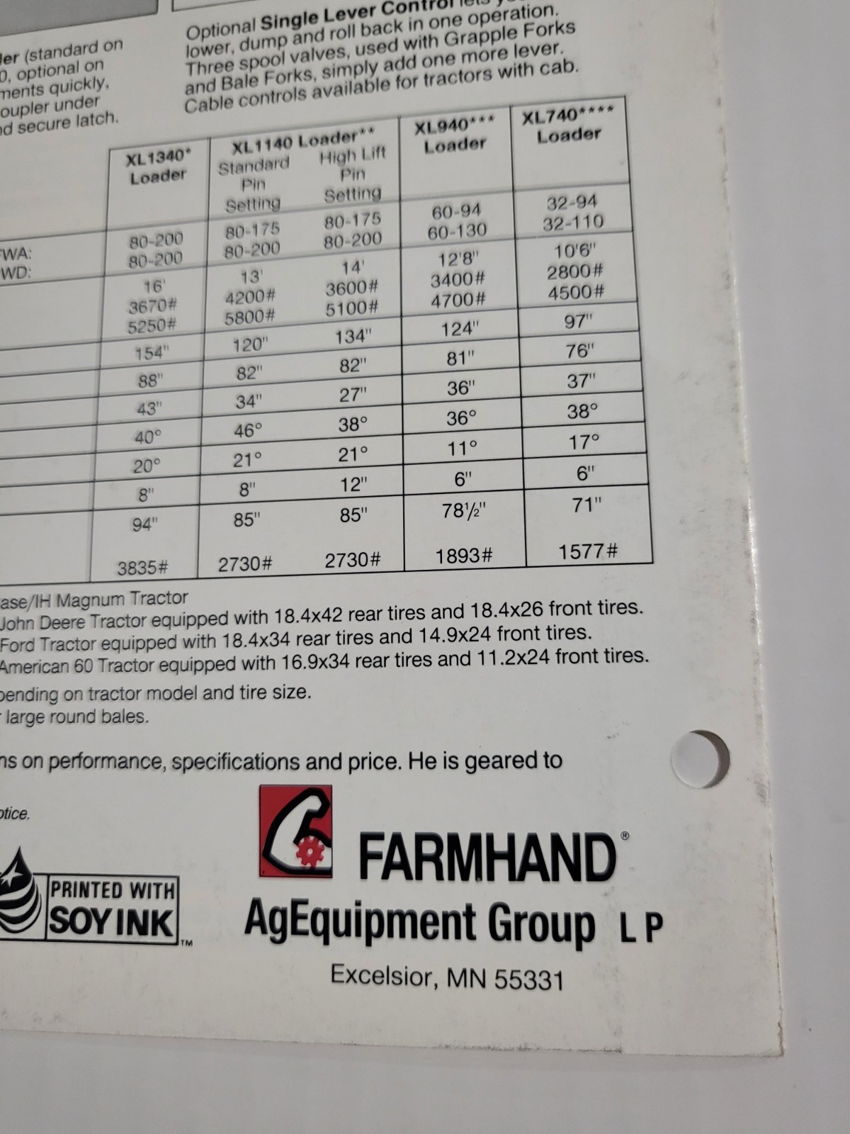 Vintage 1993? Farmhand Loader BROCHURE Models XL 1340 1140 940 740 Excelsior MN.