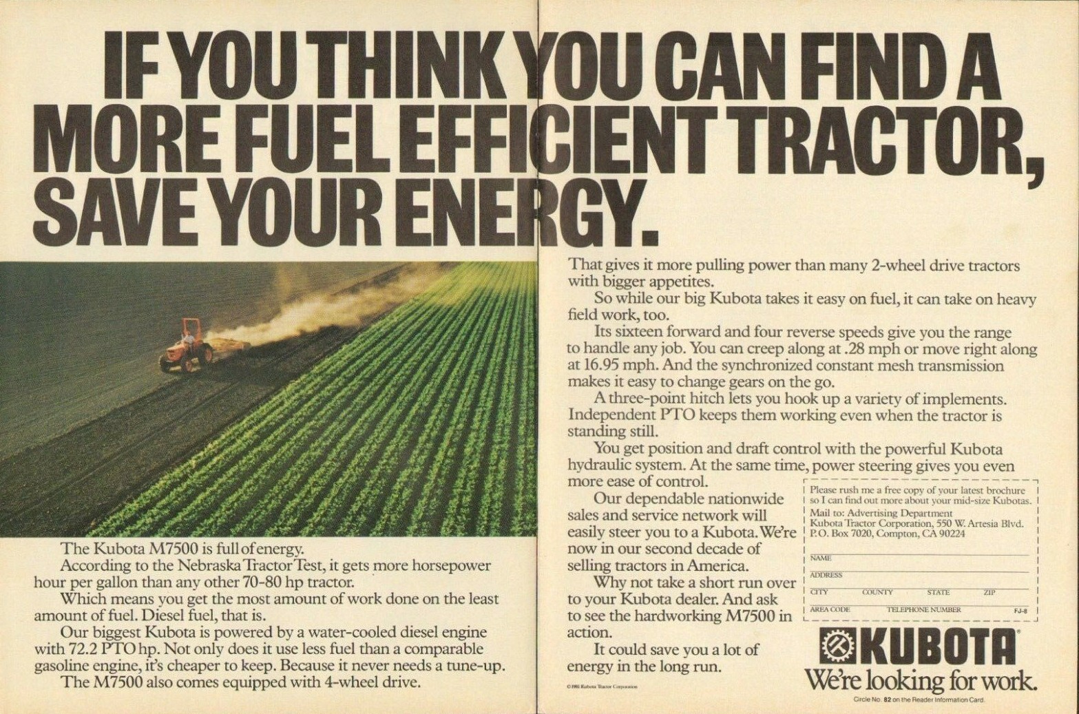 1982 2pg Print Ad of Kubota M7500 Farm Tractor