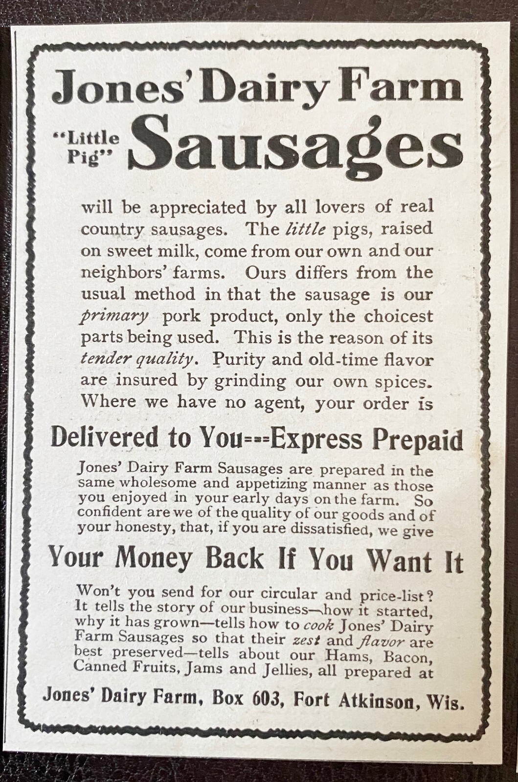 1900s JONES DAIRY FARM LITTLE PIG SAUSAGES Vtg Pork Print Ad Lot~Ft.Atkinson,Wis