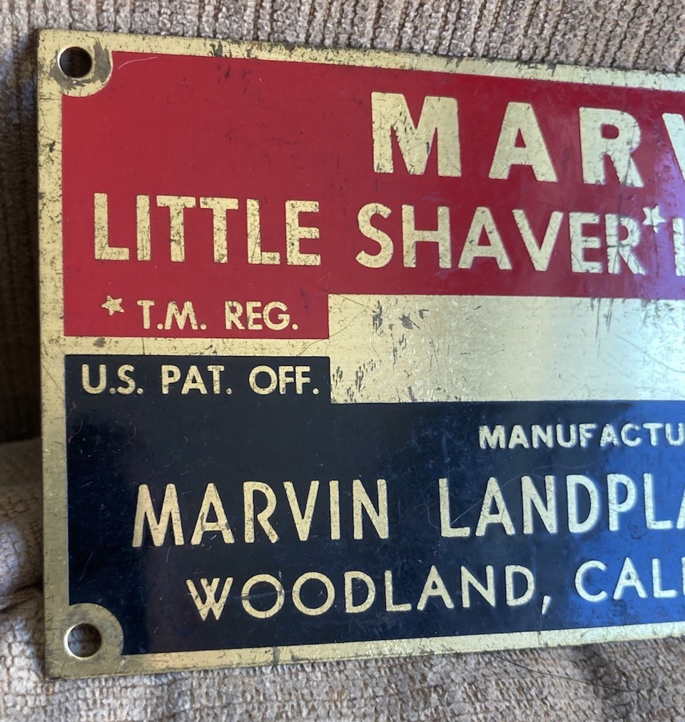 Vintage Brass Marvin Little Shaver Landplane Company Woodland CA Tag Plate Badge