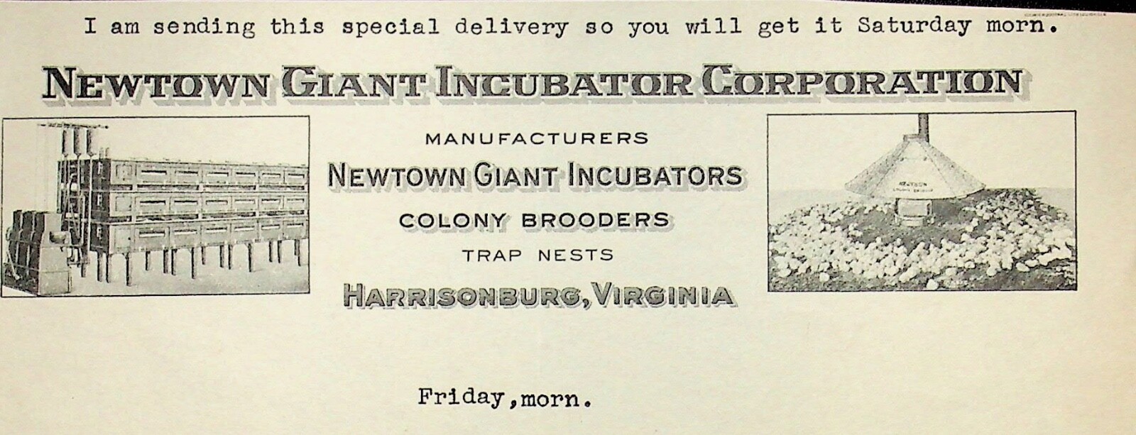 1920&rsquo;s HARRISONBURG VIRGINIA NEWTOWN GIANT INCUBATOR CORP PRIVATE LETTER -E16-E