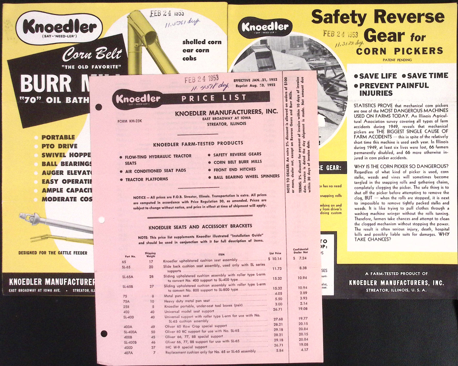 1953 Knoedler Safety Reverse Gear for Corn Pickers Corn Belt Burr Mill Brochure
