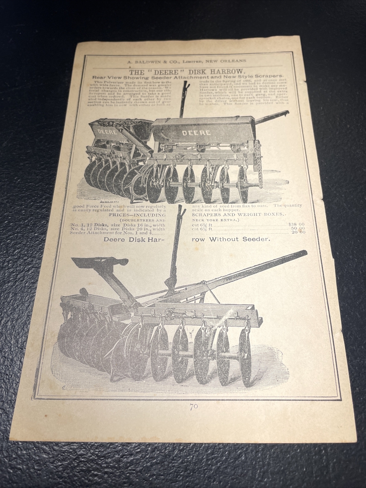 1891 Baldwin – Deere Disc Harrow Farm Advertising – New Orleans