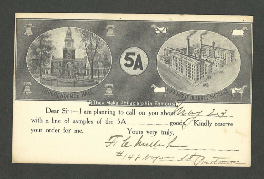 1908 UNDIVIDED Postcard 5A Horse Blanket Factories Philadelphia PA Liberty Bell
