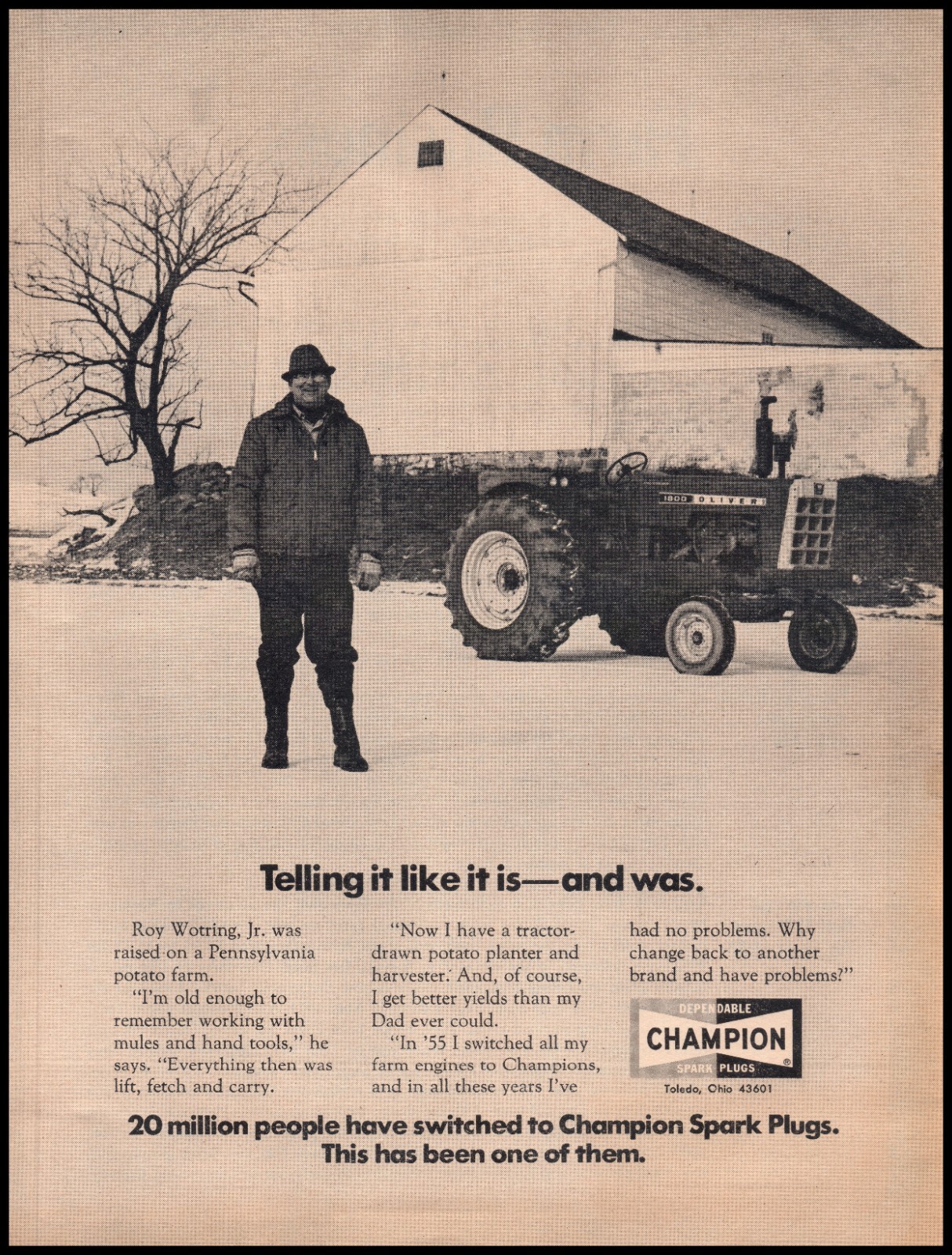 1971 Oliver 1800 Farm Tractor Champion Spark Plugs 70&rsquo;s Vintage Print Ad