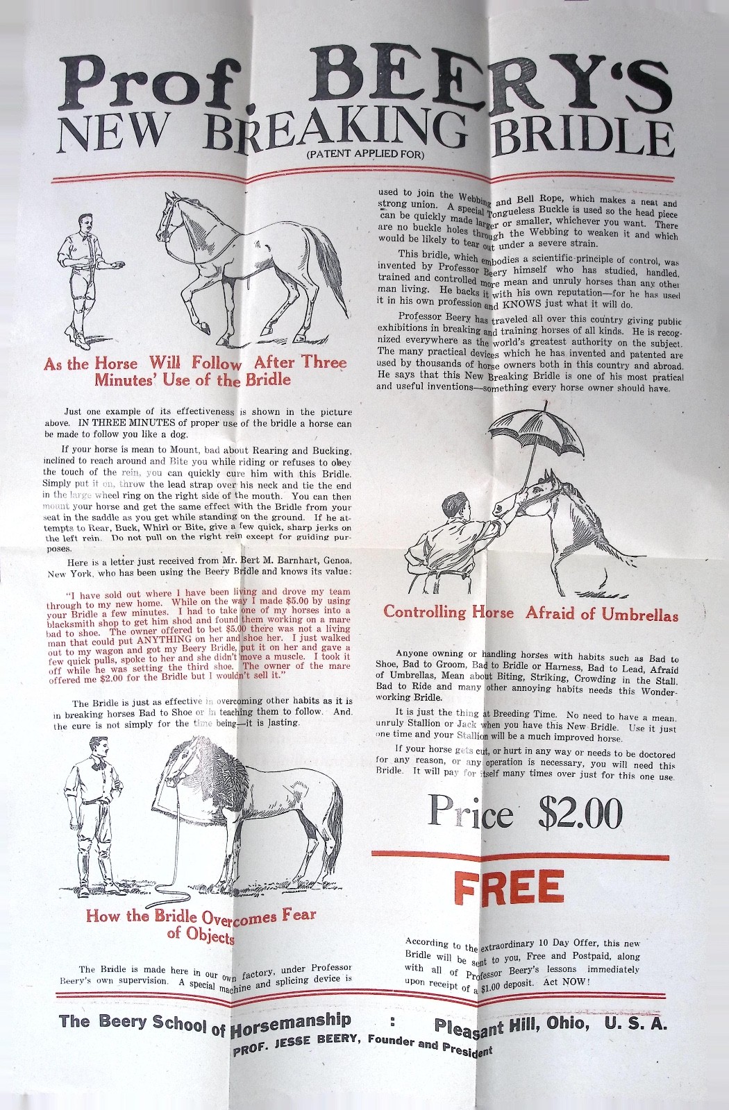Antique Prof. Beery’s New Breaking Bridle Flyer c.1910s Horse Training Ephemera