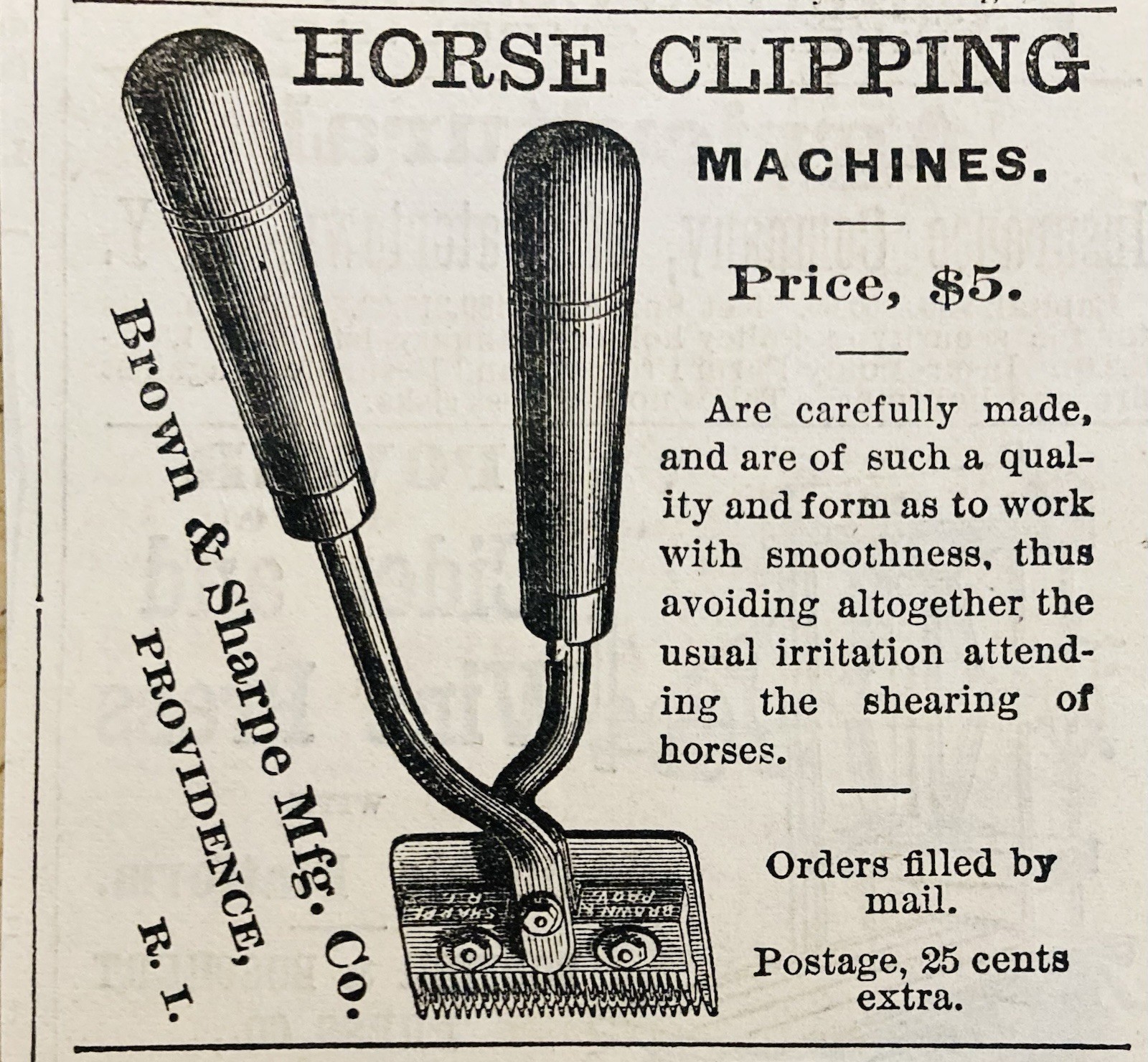 1877 AD.(XH87)~BROWN & SHARPE MFG. CO. PROVIDENCE, RI. HORSE CLIPPERS
