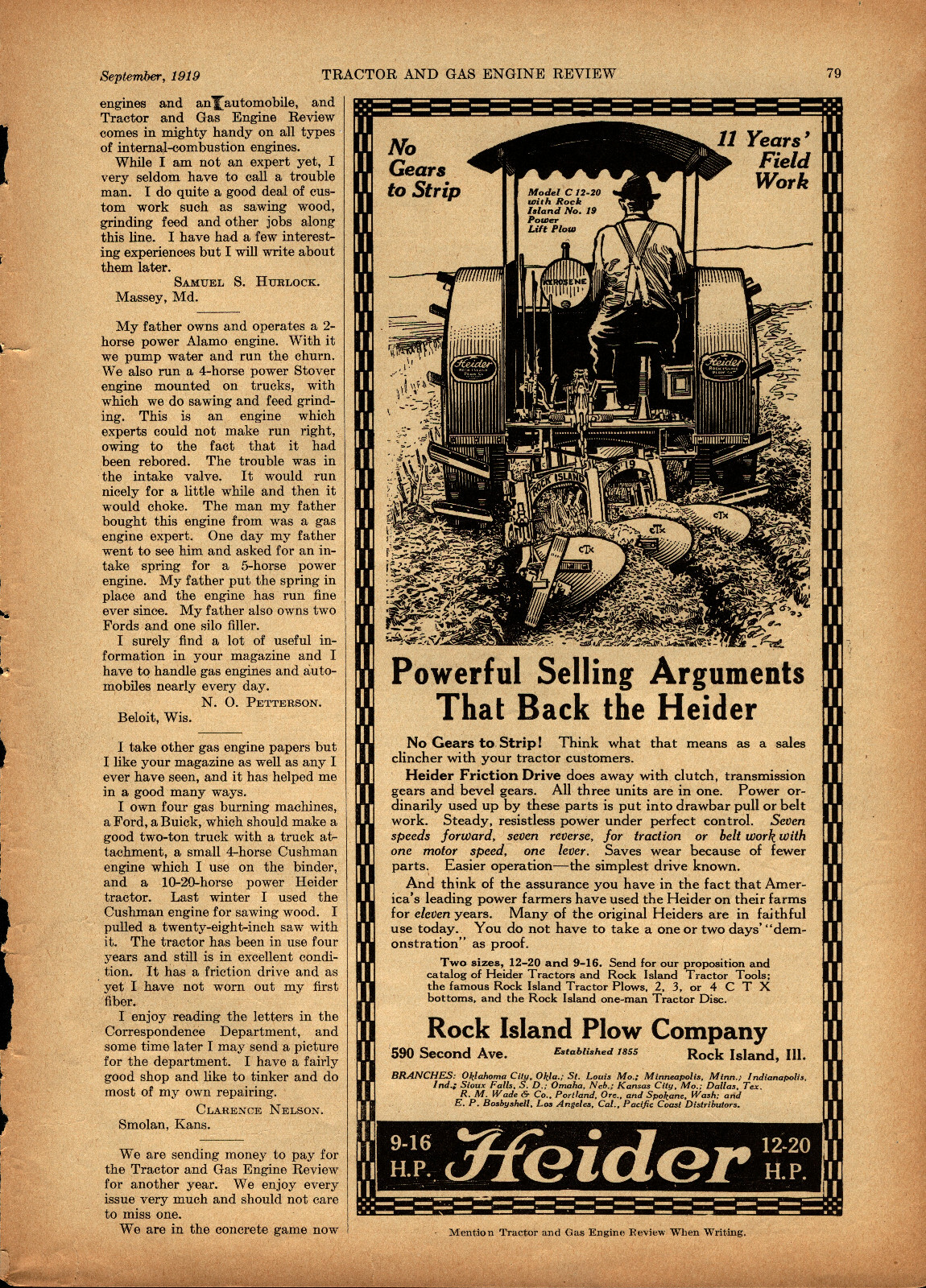 1919 Rock Island Plow Co. Ad: Heider Tractor C 12-20 – Rock Island, Illinois