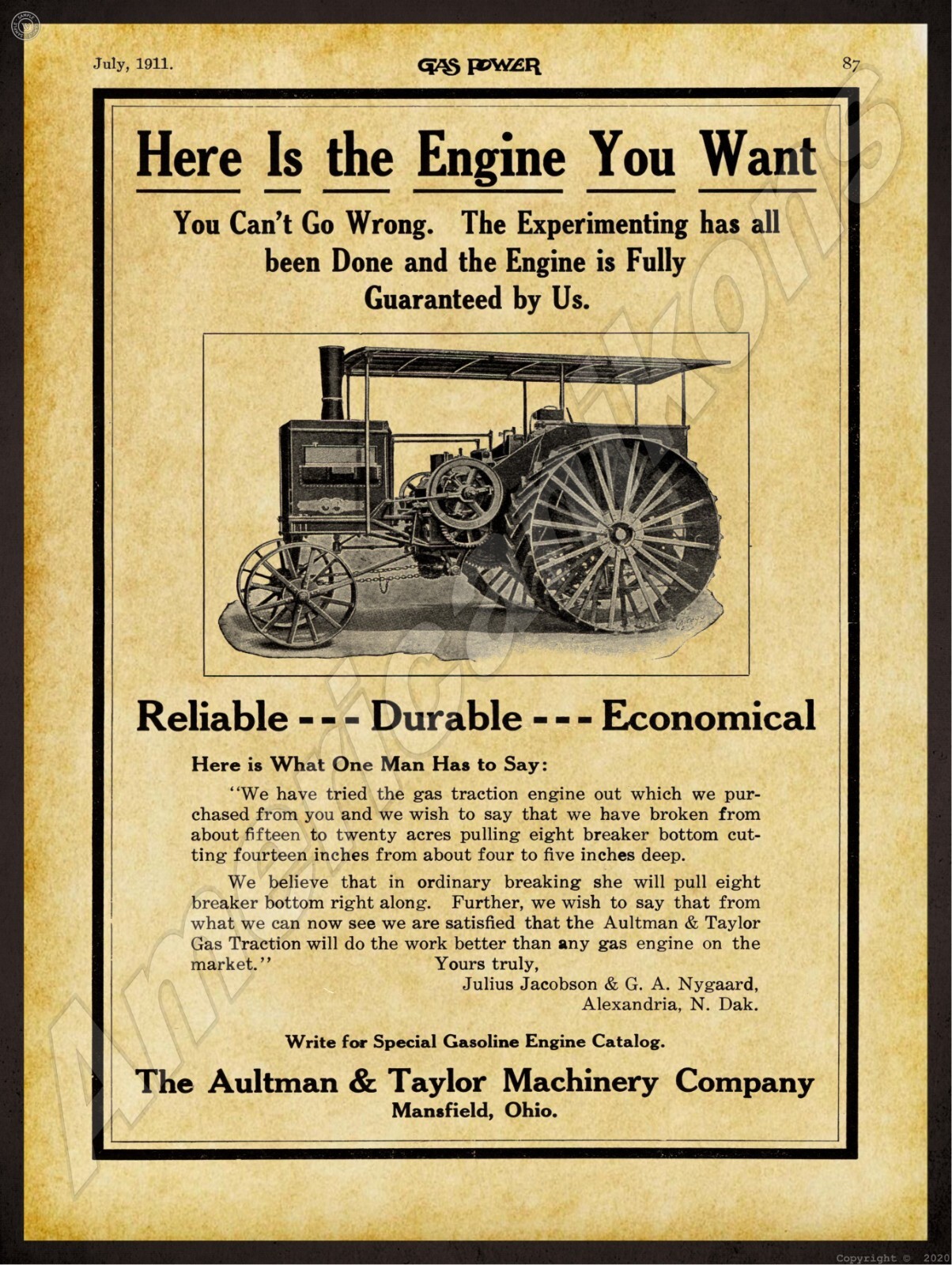 1911 Aultman & Taylor Gas Traction Engine NEW METAL SIGN: 12x 16&Prime; Free Shipping