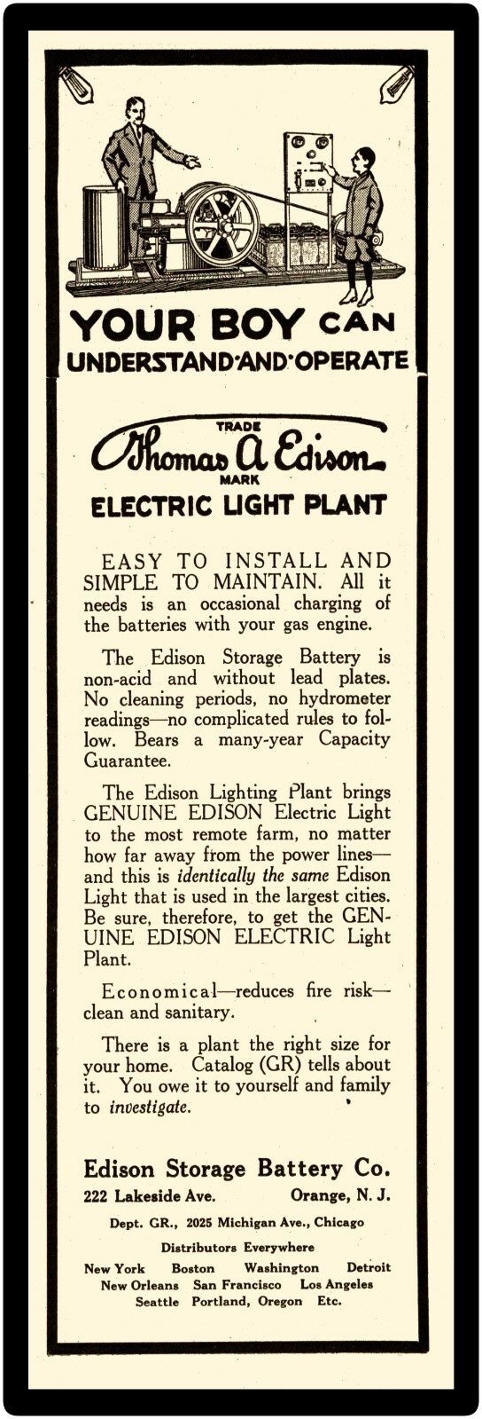 Thomas Edison Electric Light Plant Sign, 12&Prime; x 36&Prime; USA STEEL XL Size – 4 POUNDS