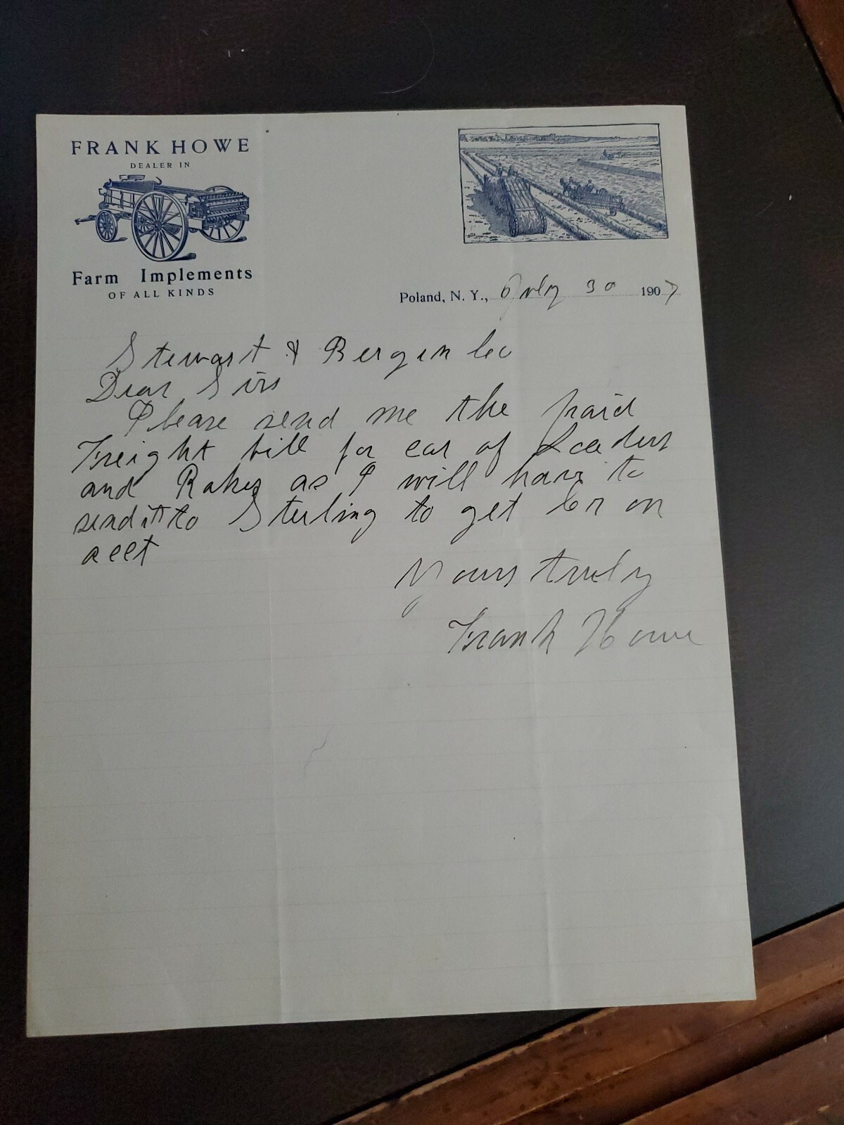 Vintage 1907 Frank Howe Farm Implements Letterhead Poland NY