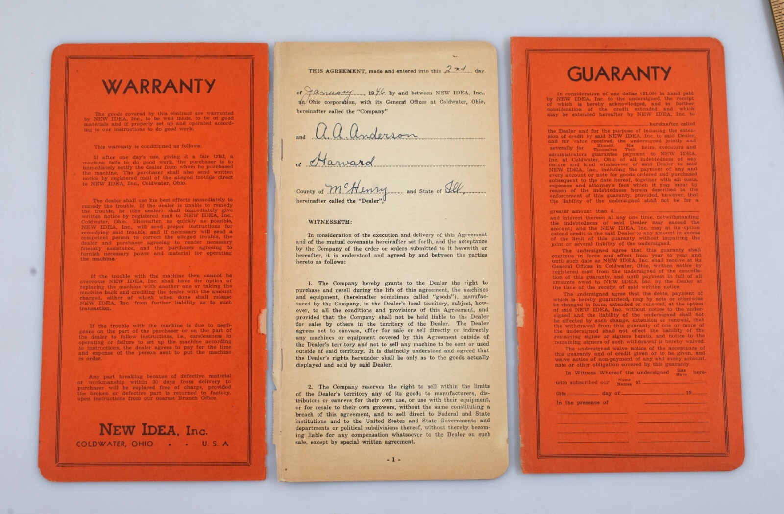 Vintage 1946 New Idea Farm Equipment Sales Contract Harvard Illinois