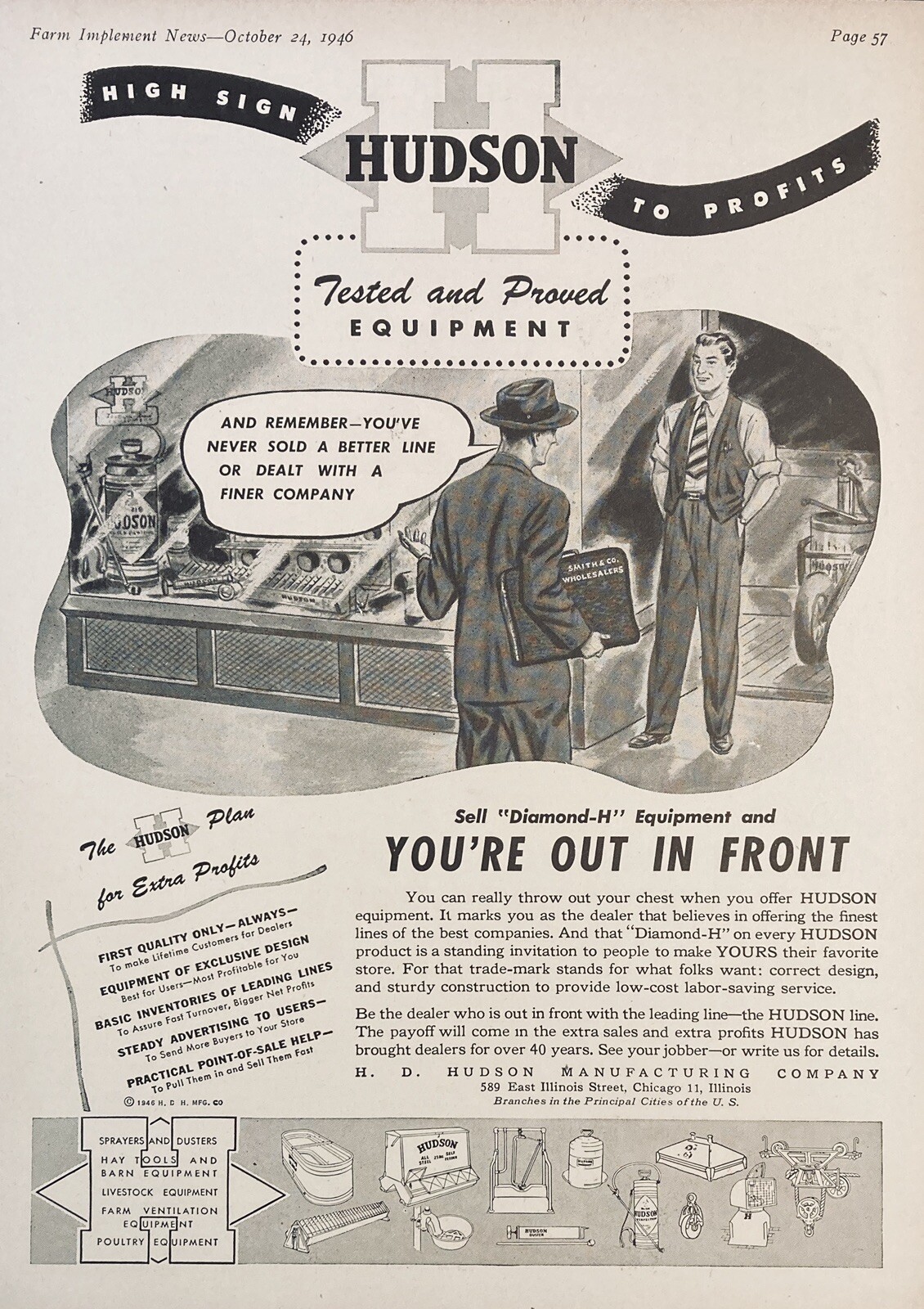 1946 AD(XF18)~H.D. HUDSON MFG. CO. CHICAGO. DIAMOND H BARN POULTRY EQUIPMENT