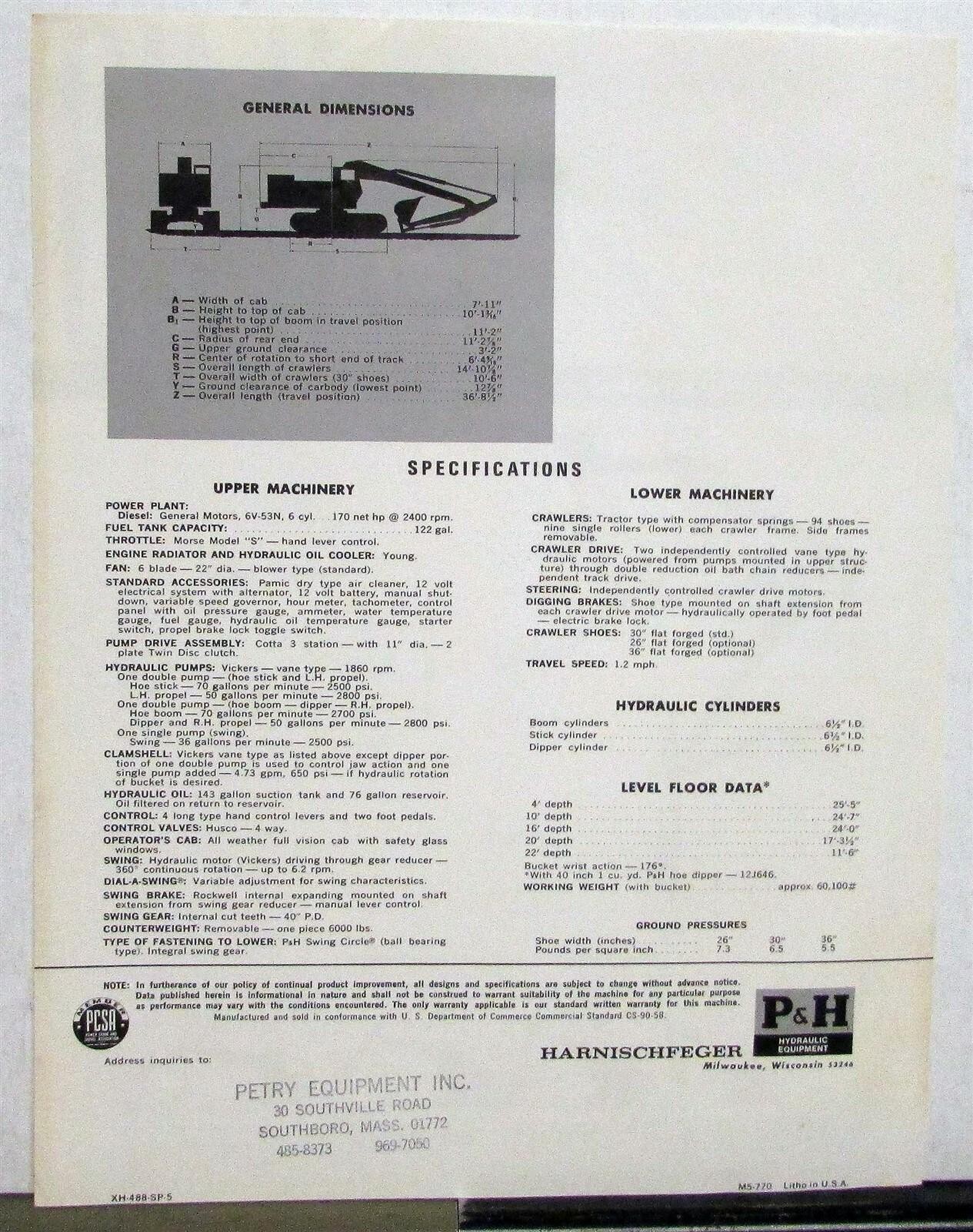 1971 P&H H 418 Fully Hydraulic Hoe Construction Sales Sheet