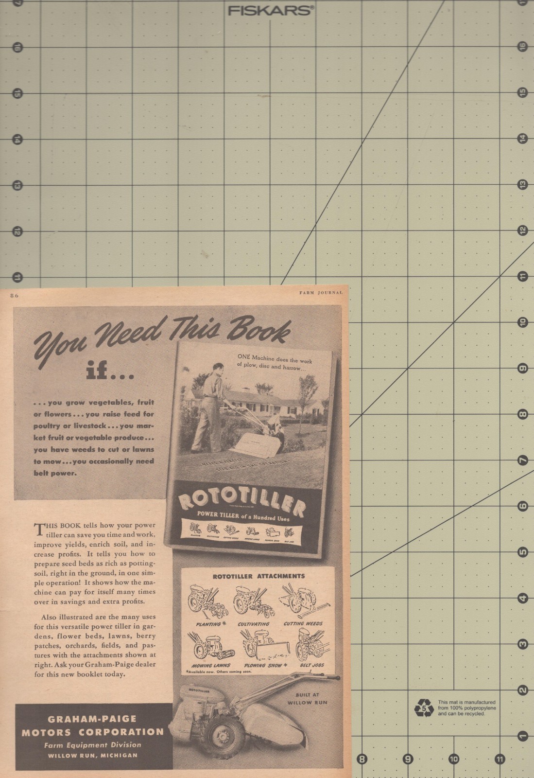 1946 Rototiller Vintage Print Ad Graham Paige MCM Farm Equipment Willow Run MI