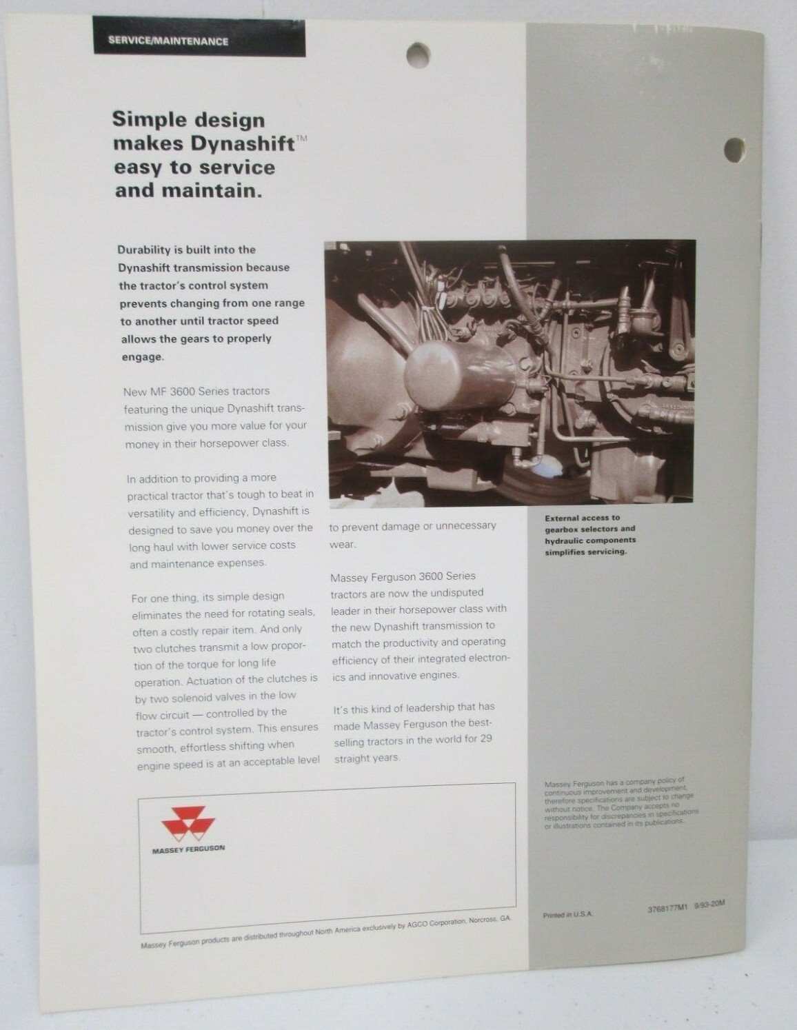 Massey Ferguson Dynashift Transmission for MF 3600 Series Tractors Brochure 1993