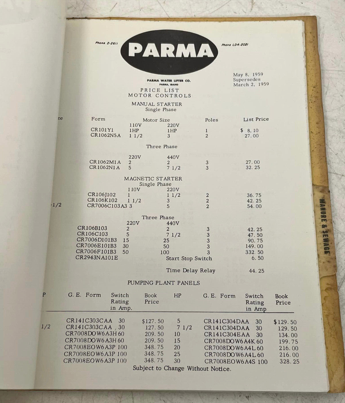 Vintage Parma Farm Water Lifter / Pump Brochure and Manual Folder w Price Lists