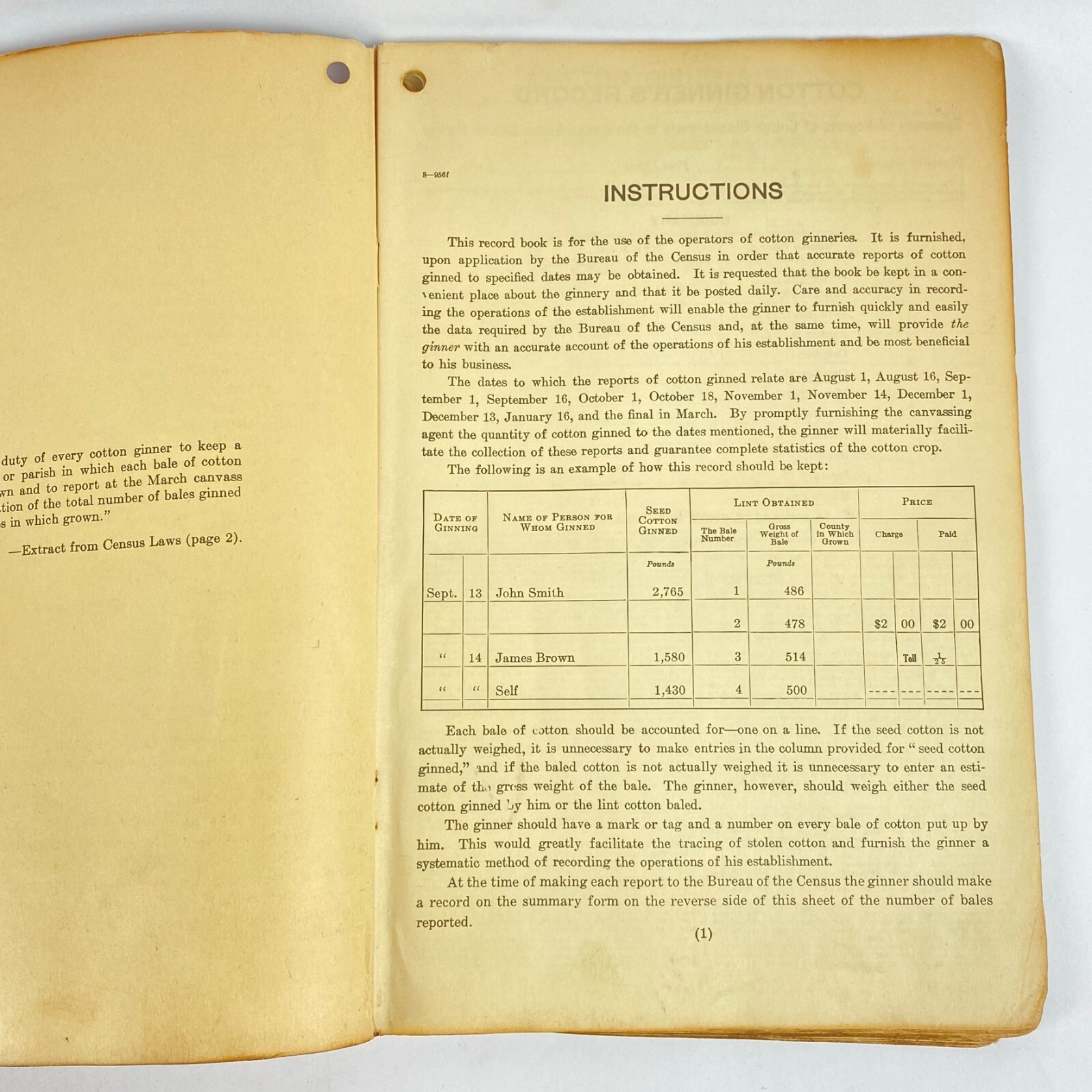 1950&rsquo;s Dept of Commerce Cotton Ginner&rsquo;s Record Book Filled Out Vintage