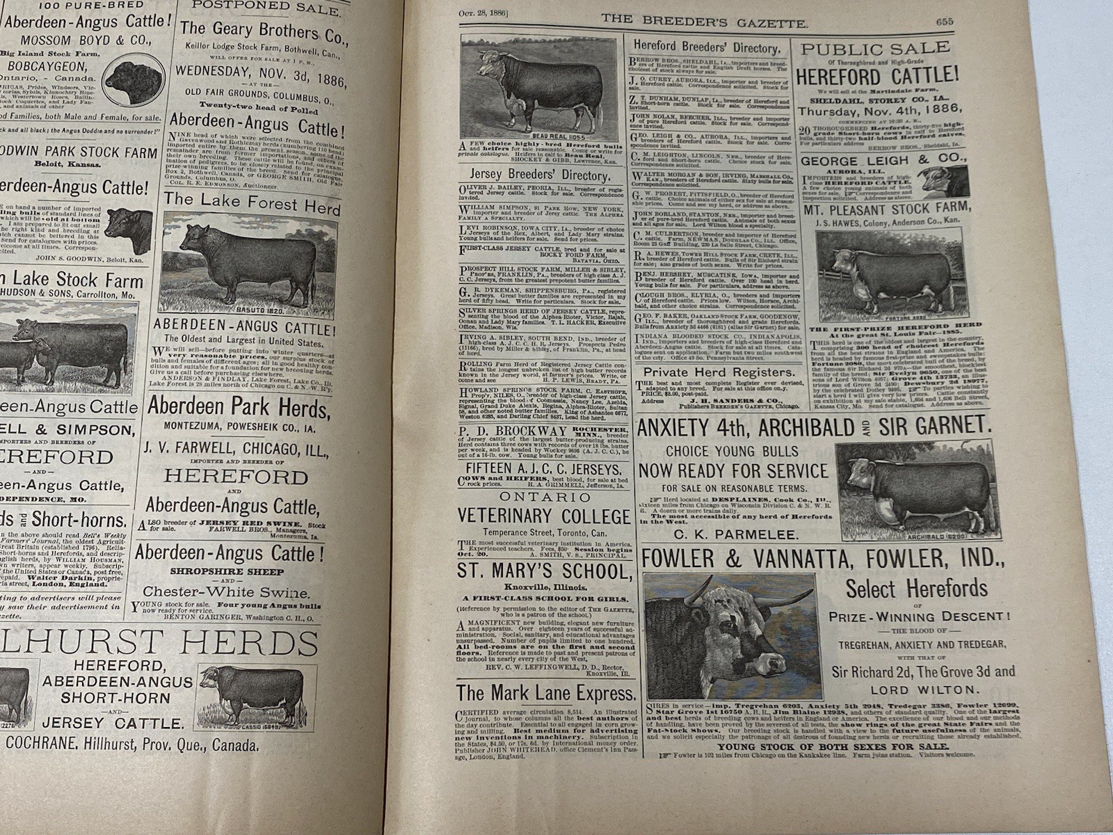 Vtg 1886 October Breeders Gazette Shire Horse Steer Pigs Cow Bull Advertisements