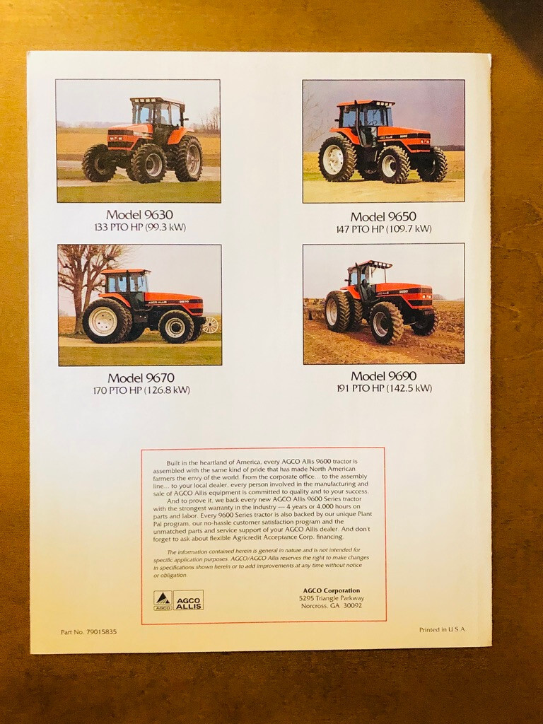 AGCO ALLIS 9600 Series 133 to 191 HP Tractors Specs Sales Brochure – Mint